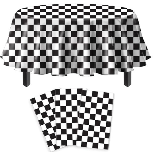 3 Stück Einweg Rennsport Tischtuch Schwarz Weiß Runder Tischdecke Rennsport Themen Tischabdeckung Wasserdicht Rennauto Formel Tischtuch für Kinder Karierte Geburtstag Dekorationen 213 x 213 cm