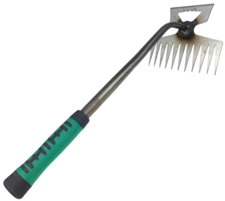 Haloppe Gartenhacke, Gartenjätwerkzeug, Metall-Handhacke mit rutschfestem Griff und 5/6/11 Zinken, Grubber mit zwei Köpfen, Gartenwerkzeug zum Jäten, Graben, Pflanzen, Grün, L