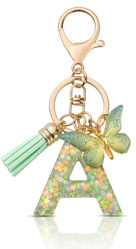 MORSUNBELA Porte-clés avec lettre initiale papillon porte-clés pour adolescentes et filles, Vert-A., S