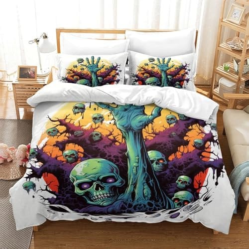 ZHUICHENG Zombie Reversible 3 Piece Duvet Cover,3D Bedding Sets,Geometrical Bed Horror Zombie Quilt Covers With Pillow Cases for Kids Adult Teens Theme Comforter Cover Easy Care Single(140x200cm)
