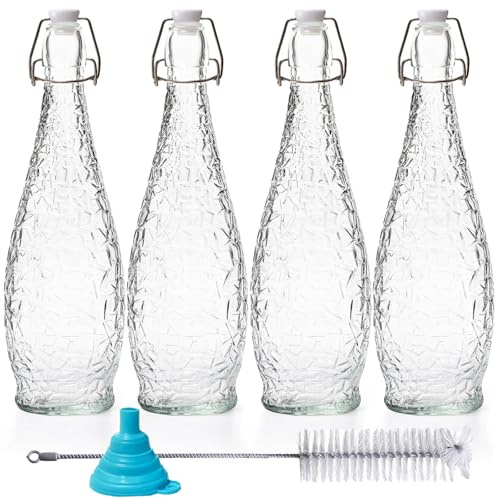 Nicunom 4 Pack 1 L Swing Top Glass Bottles with Stopper, Airtight Flip Top Glass Bottles for Brewing, Kombucha, Beverages, Beer, Vinegar, Soda, Smoothies, Kefir, Juicing, Includes Brush & Funnel