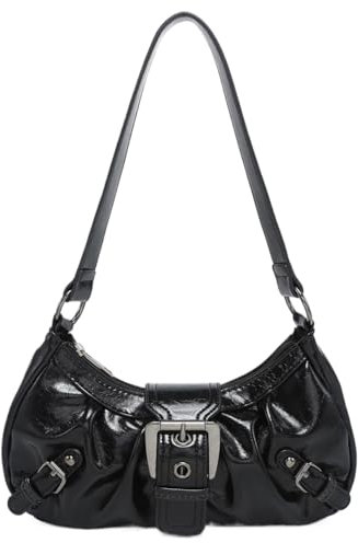 CRGANGZY Damen-Handtasche, Y2K-PU-Leder, halbmondförmige Tasche, plissierte Unterarm-Geldbörse, Magnetverschluss, Reißverschluss, Clutch, Geldbörse, Reise-Pendlertasche (schwarz)