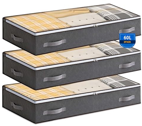 Boic 3 Piezas 60L Bolsas Almacenaje Ropa Debajo De La Cama, Plegable Cajas Almacenaje Ropa, Cajas Organizadoras Con Ventanas Y Asas, Caja De Almacenamiento Para Zapatos,De Cama (Gris)