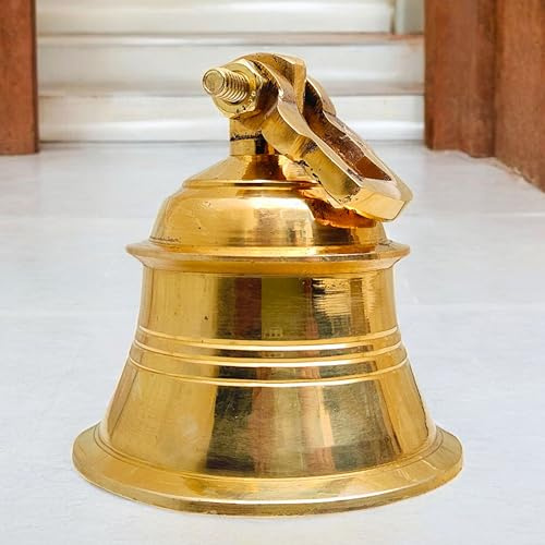 Tempelglocke aus massivem Messing, 12,7 cm, antikes Schiff, Ghanti, für Zuhause, Mandir, Puja, Wanddekoration, Schule, Empfang, Abendessenglocke – Vintage indische Messingglocke (490 g) für Tür oder