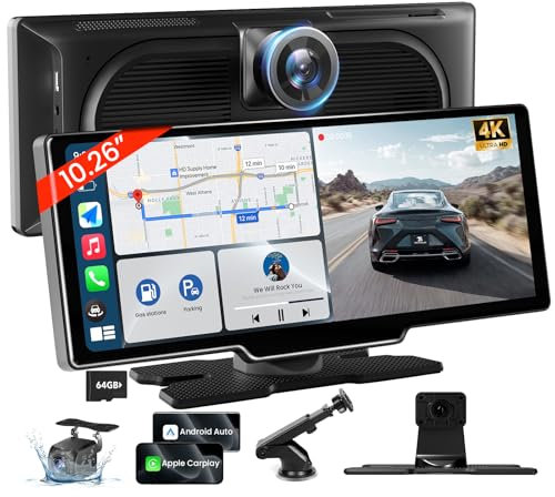 TECXERLLON 10,26 Zoll Wireless Carplay & Android Auto, Apple Car Play Display mit 4K Dashcam&1080P Rückkamera, Android Auto Display mit GPS Navigation, Mirror Link AUX FM 64G TF