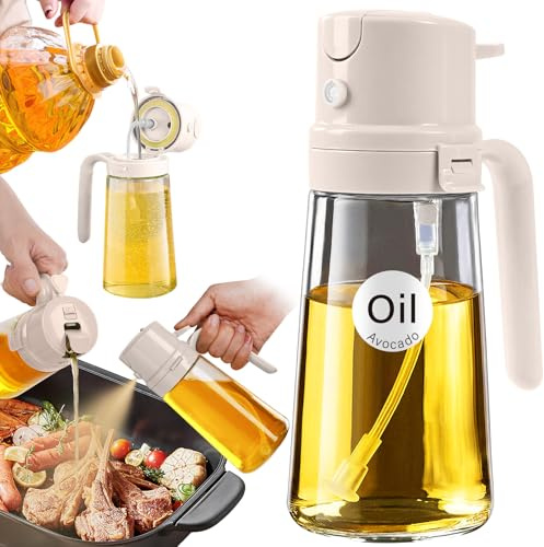 YARRAMATE Pulverizador de aceite 2 en 1 para aceite de cocina Fácilmente rellenable, botella spray aceite cocina de 470 ml alimentos, aceitera spray fácil de, para freidora de aire caliente (Blanco)