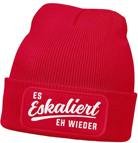 MoonWorks® Damen Beanie mit Patch Strickmütze mit Spruch Party Eskaliert eh Wieder Aufdruck Lustig Damenmütze Rot Unisize