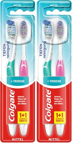Colgate Zahnbürste Total Rundum-reinigung, mittel, 2 Stück - Handzahnbürste reinigt Zahnoberflächen, Zunge, Wangen & bis tief in die Zahnzwischenräume, mit mittelharten Borsten (Packung mit 2)