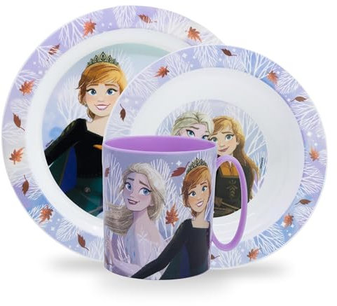Sorrisini Vajilla Infantil Reutilizable Apta Para Microondas Frozen, Juego de Platos Irrompibles de Plástico Para Niños y Bebés, Plato, Cuenco Para Cereal, Taza 350ml, sin BPA, Elsa-Anna