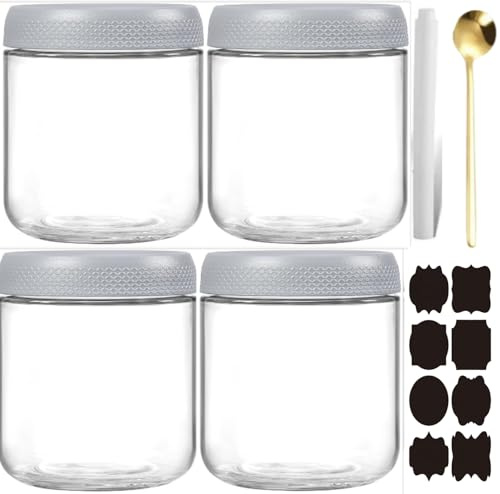 CNKHDZ 4 Stück Overnight Oats Gläser,Weiß 500ml Meal Prep Glas Mit Geckel Overnight Oats Gläser Glas Mit Deckel,für Hausgemachte Marmelade,Babynahrung,Einlegen,Mason Jar