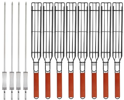 IRSTBL – Kebab Grill Basket Set – 4 Non-Stick BBQ Baskets with Wooden Handles & 2 Steel Skewers – Reusable Grilling Tools for Meat, Veg, Fish – 43cm (8-Pack)