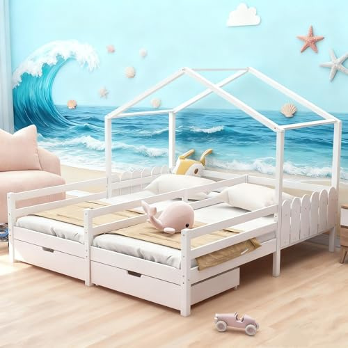 Ball & Cast Bodenbett (90x200cm) mit 2 Schubladen, Hausbett mit Rausfallschutz und Lattenrost für 2 Kinder, EStabil & Rauschlos, Weiß