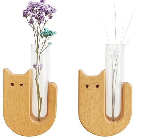 Katze Kühlschrank Magnete, Mini Blumenvasen, 2 Stück Holz Magnetische Vase mit Glasröhre für Pflanzen Dekorative Niedliche Home Office Zubehör Frauen Kinder Katzenliebhaber