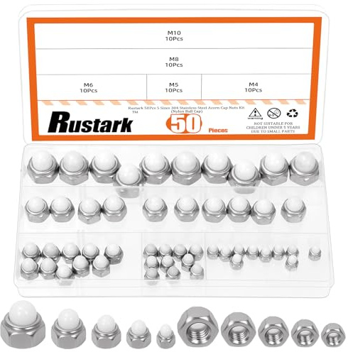 Rustark 50 Stück 5 Größen Hutmuttern Sortiment Kit Metrische Sechskant Hutmuttern 304 Edelstahl Kappenmuttern Sechskant Abdeckkappen für Möbel Automobil Innen und Außenbereich
