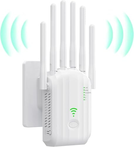 Répéteur WiFi Puissant, amplificateur WiFi de dernière Technologie avec 6 antennes Couvrant Une superficie de10 000 m²,2 Ports LAN,répéteur WiFi pour la Maison et Le Bureau（Blanc）