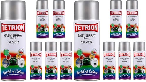 Tetrion Easy Spray Multipurpose Acrylic Paint Silver 400 ml Pack of 12 Cans Quick-Drying Aerosol Ideal for Metal, Wood, Ceramic & Plastic