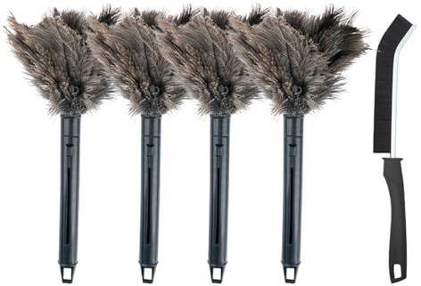 4 Piezas Plumero De Plumas De Avestruz, Plumero para Quitar El Polvo, Set De Plumeros para Limpieza Profunda, Plumero Antiestático para El Polvo, con Cepillo, para Rincones Difíciles De Alcanzar