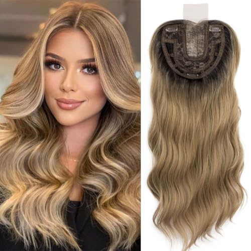 Lace Front Hair Body Wavy Topper Big Base Cover Thinning Hair White Clip in Hair Toppers for Women Fiber Wiglets with Fringe (Ombre Brown)