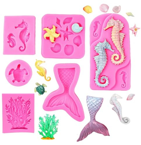 UYVPAER 6 Stück Silikonform Meerjungfrau Fondantform, 3D Meerestiere Silikonformen Backen, Muschel Seestern Schildkröten Silikon Formen Für Diy Kuchendekoration, Schokolade, Süßigkeiten