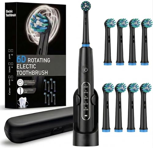Spazzolino Elettrico Rotante Kit Pulizia Denti con 8 Testine Ricambio | 5 Modalità di Pulizia, Batteria 600mAh ricaricabile, Custodia da Viaggio e Supporto - Impermeabilità IP67, Nero