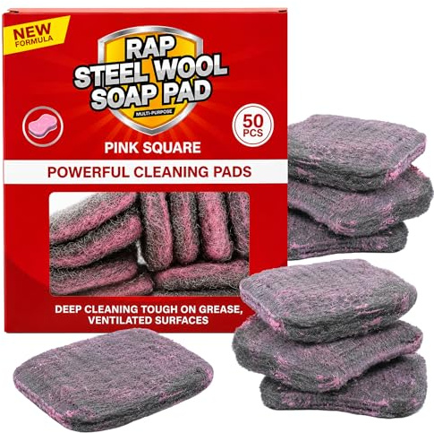 50 Steel Wool Soap Pads - Soap Filled Scourers for Kitchen Sink Cleaning | Pre-loaded with detergent, lifts baked on grease and grime from pans, ovens, grills and hobs, for catering and cleaning