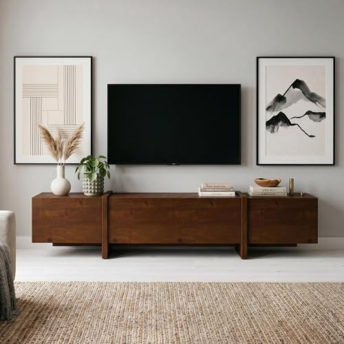 IDIMEX Meuble TV Leila L 220 cm en Bois Massif Coloris Châtaignier avec 2 Portes et 1 Abattant avec Étagères, Convient pour TV jusqu'à 249 cm (98), Grand Meuble Télé Bas avec Rangement