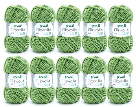 Gründl Wolle Filzwolle uni - Dicke Wolle zum Filzen in der Waschmaschine - Strickgarn zum Filzen - Weich und hautfreundlich - 100 % Schurwolle - 10 Knäuel 50 g /50 m -Nadelstärke 8 -9 - Grasgrün
