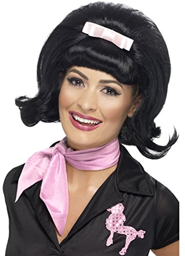 NET TOYS 50er Jahre Rockabilly Perücke Bob schwarz Damenperücke Grease Faschingsperücke Pink Lady Kostüm Zubehör