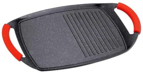 BAKAJI Padella Bistecchiera in Alluminio Pressofuso Marmorizzato Grill Doppia modalità di Cottura Rivestimento Antiaderente Dimensione 47 x 27 cm, Cucina Sana Senza Grassi, Diametro 47 cm