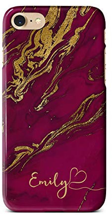 iCaseDesigner Personalised Marble Glitter Flowing Name with Heart Phone Case for Apple iPhone 7+ / 8+ Plus - 16. Maroon Marble with Faux Gold Swirls Name