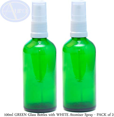 Aura 100ml GREEN Glass Bottles with White ATOMISER Sprays - PACK of 2
