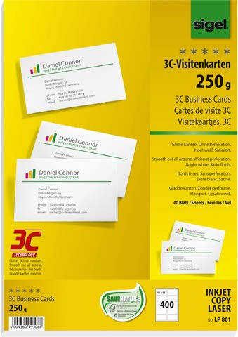 SIGEL Visitenkarte 3C, Inkjet/Laser/Kopierer, Edelkarton, 250 g/m², 85 x 55 mm, hochweiß, glatter Rand (400 Stück), Sie erhalten 1 Packung á 400 Stück