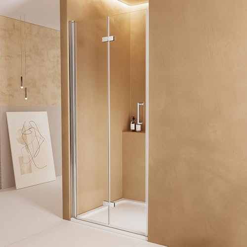 EMKE Duschkabine Duschtür 75cm Duschabtrennung 6mm ESG klares Sicherheitsglas Rahmenlos Falttür Dusche Duschwand mit Beidseitiger NANO Beschichtung Höhe: 195cm