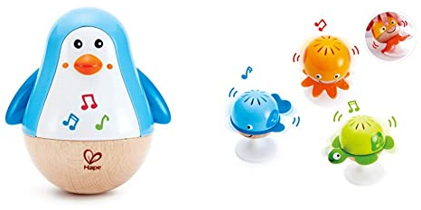 Hape E0331 - Stehauf-Pinguin, Stehaufmännchen mit Klang, blau, ab 6 Monaten & E0330 Saugnapf Rasselset