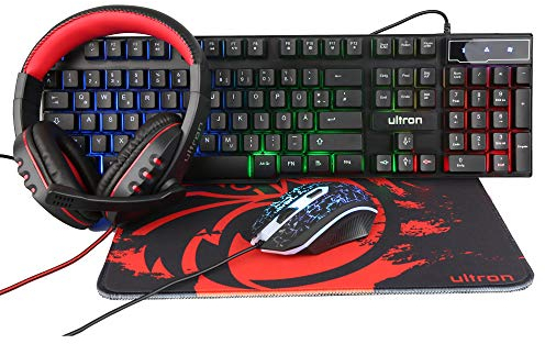 Ultron Hawk Tastatur Maus Set Gaming 4 in 1 PC Pack Combo - RGB Hintergrundbeleuchtung Tastatur [QWERTZ DE Layout] - Maus [bis 6400 DPI] - Gaming Headset & Mauspad für PC, Xbox, PS4, Schwarz-Rot