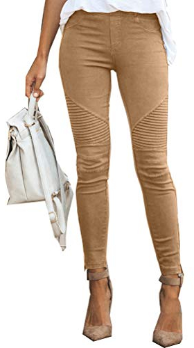 Onsoyours Damen Hosen Elegant Hohe Taille Stretch Leggings Slim Bleistifthose Freizeit Hose Skinny Pants Einfarbig Bequeme Elastischer Taille Hosen (XL, Khaki)