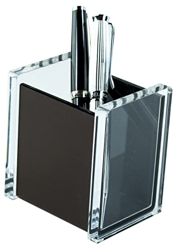 DELMON VARONE - Premium Stifteköcher aus Acryl transparent und Leder braun - Stiftebecher mit rutschfester Vliesunterseite - Design Stiftehalter eckig für Schreibtisch & Büro elegant, edel