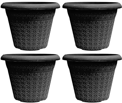 simpa Geometric Petals Plastic Plant Pots - BLACK, Set of 4 Pots - 25.5cm (H) x 34cm Diameter