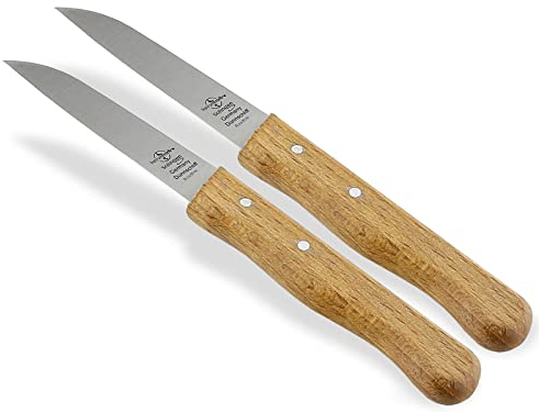 Couteau à légumes Solingen Acier inoxydable Fabriqué en Allemagne avec manche en bois de hêtre et lame droite tranchante pour couper les fruits et légumes 17,5 cm, lot de 2