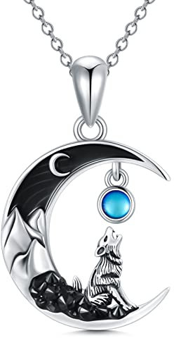 Shusukue Schwarz Wolf Kette 925 Sterling Silber Mondstein Anhänger Mond Schmuck mit Mondstein, Wolf Geschenke für Frauen Mädchen