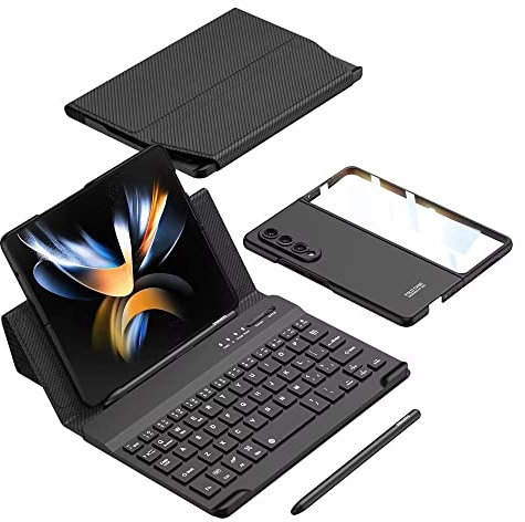 FTRONGRT Case with Keyboard for Samsung Galaxy Z Fold 4 5G, S Pen Slot, Portable Bluetooth Connectivity Keyboard, Leather Magnetic Keyboard Case for Samsung Galaxy Z Fold 4 5G-Carbon Fiber Texture