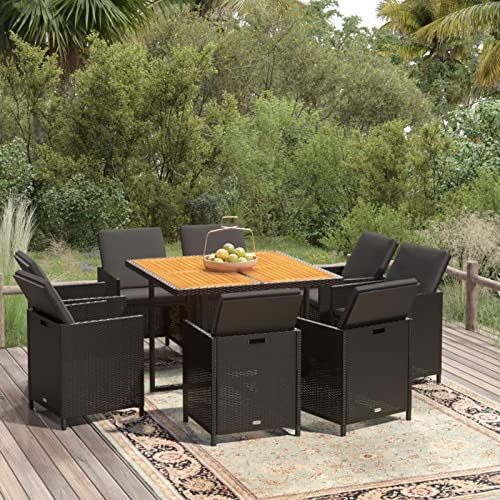 Gecheer 9-TLG. Garten Essgruppe, Terrassenmöbel Set 8 Personen, Sitzgruppe Metall Esstisch mit Holz-Tischplatte & 8 Poly Rattan Stühle mit Auflagen, Gartenmöbel Set, Braun und Schwarz