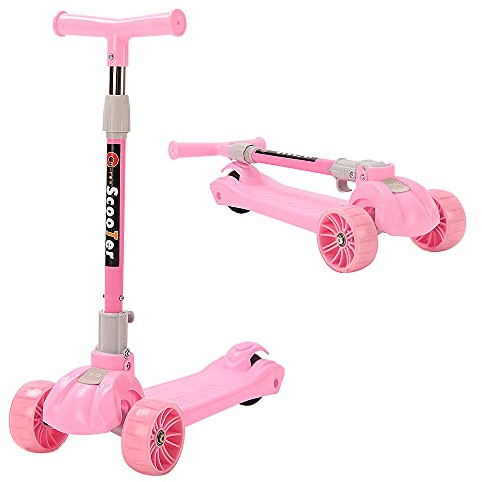 Trotinette Enfant 3 Roues de 2 à 10 Ans, Trottinette Evolutive Pliable,Trottinette Trois Roues avec LED Lumières Clignotantes et Guidon Ajustable,Réglable en Hauteur, Filles et Garçons (Rose)