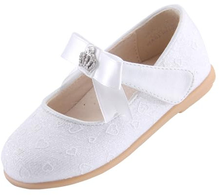 EIGHT KM Toddler Girls Dress Shoes Mary Jane Princess Wedding Ballet Flats Shoes EKM7063 Sparkly Glitter Crown Heart White UK Size 12