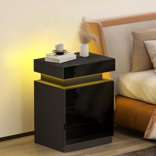 Lvhecforhm Nachttisch mit Led Beleuchtung, 16 Farbbeleuchtung Beistelltisch, Nachttisch Schwarz, Modern 3 Hochglanzfront Schubladen, Nachtischschränke 45x35x61cm für Schlafzimmer Wohnzimmer