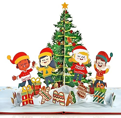 CUTPOPUP Xmas Tree and Children - Joyeux Noël Carte Pop Up, 15x15cm, Carte Noel 3D, Nouvel An, Carte de Voeux de Vacances (Arbre de Noël et Enfants)