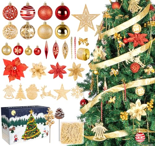 Agoer 163pcs Christmas Baubles Set - Whole Tree Decorations, Balls with Artificial Flowers, Glitter Hanging Decor, Pine Cones, Bow, Ribbon Wired, Holiday Xmas Tree