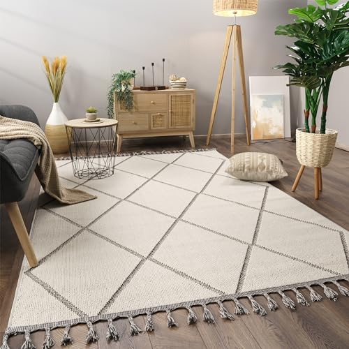Paco Home Teppich Wohnzimmer Schlafzimmer Kurzflor Skandinavisches Boho Muster Geometrische Optik Einfarbig Fransen Moderne Deko, Grösse:160x220 cm, Farbe:Grau