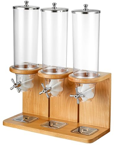 Countertop Cereal Dispenser, 4L/8L/12L Dry Food Dispenser Cereal Containers Storage Dispenser with PC Barrel and Wood Base for Home Kitchen (Beech Wood), Triple