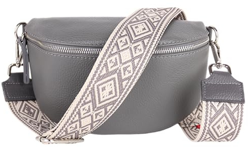 MIRROSI® Bauchtasche Damen, Echtleder, Made in Italy, Umhängetasche, Brusttasche, Crossbody Bag (1 Tasche & 2 Gurte) (Dunkelgrau (KARO Dunkelgrau), Mittelgroße Tasche (25x16x7cm))